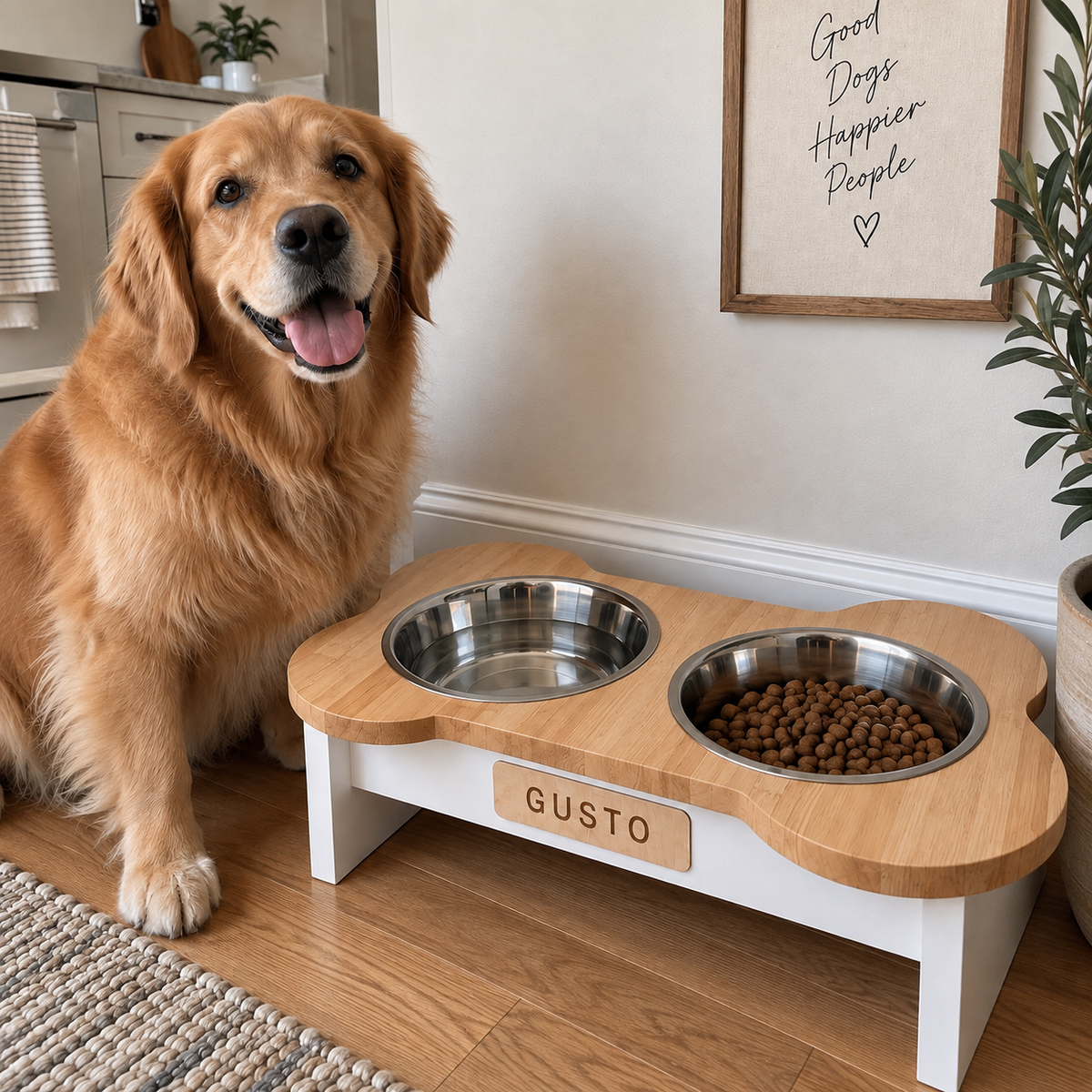 Golden Retriever δίπλα σε χειροποίητη ξύλινη βάση μπολ Pet Atelier με προσωποποιημένη χάραξη ονόματος
