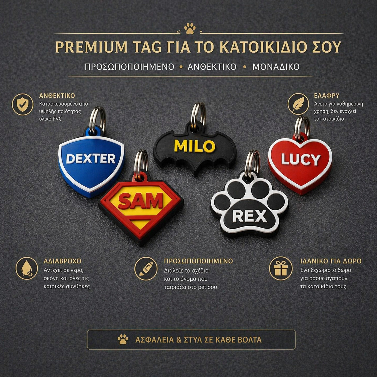 Premium προσωποποιημένα tags κατοικιδίου σε πολύχρωμα σχέδια με ονόματα Dexter Milo Lucy Sam και Rex ανθεκτικά και ελαφριά