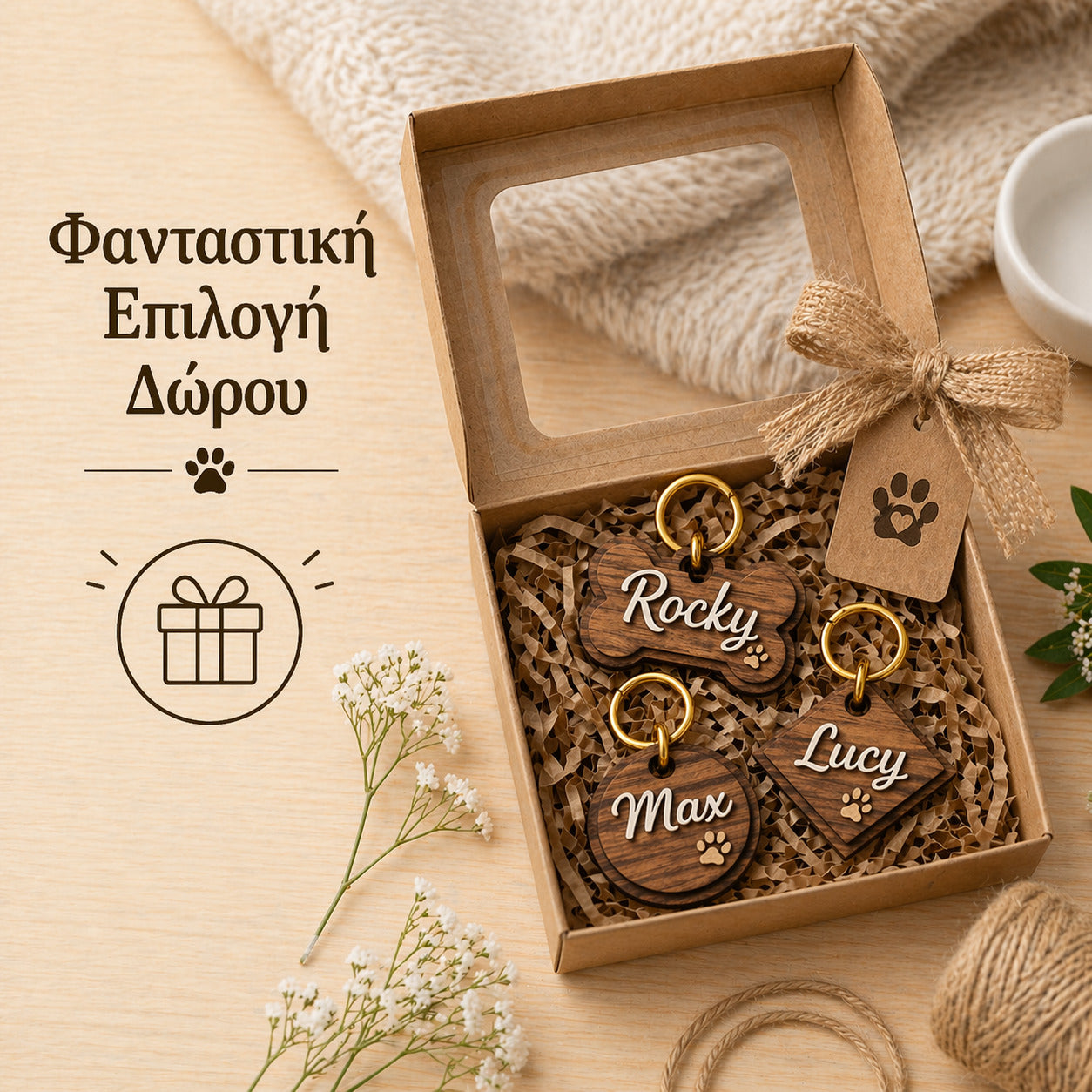 Προσωποποιημένες ξύλινες ταυτότητες κατοικιδίου σε κουτί δώρου με ονόματα Rocky Max και Lucy ιδανική επιλογή δώρου