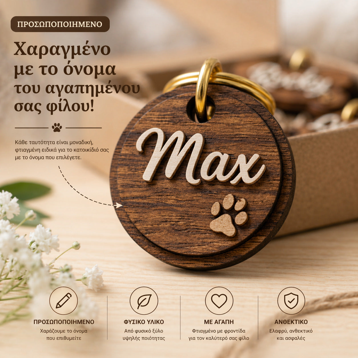 Χαραγμένη ξύλινη ταυτότητα σκύλου με όνομα Max προσωποποιημένο χειροποίητο tag κατοικιδίου από φυσικό ξύλο