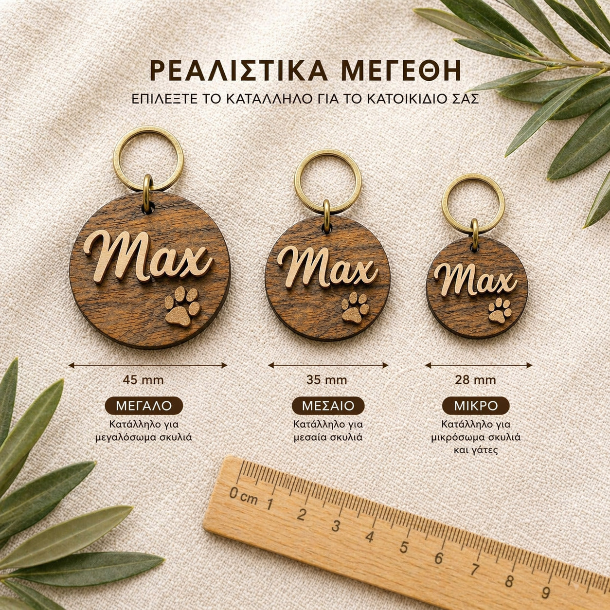 Ξύλινη ταυτότητα κατοικιδίου σε μεγέθη 28mm 35mm και 45mm για γάτες μικρόσωμα και μεγαλόσωμα σκυλιά